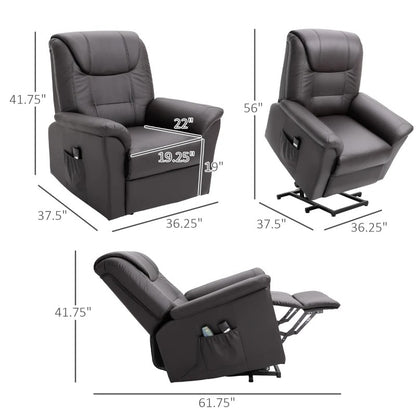 Brown Electric PU Leather Power Lift Chair with Remote Control &amp; Side Pockets