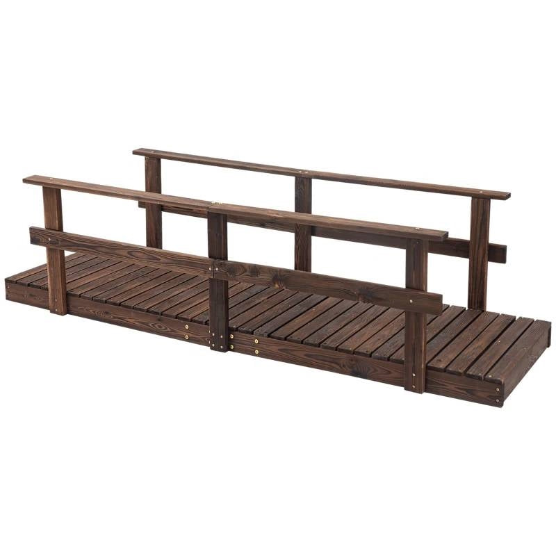 7 Ft Wooden Garden Ponds Straight Bridge with Hand Rails Stained