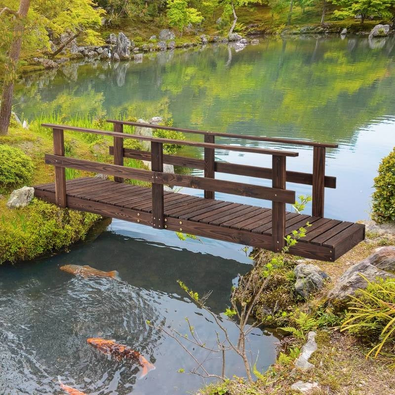 7 Ft Wooden Garden Ponds Straight Bridge with Hand Rails Stained