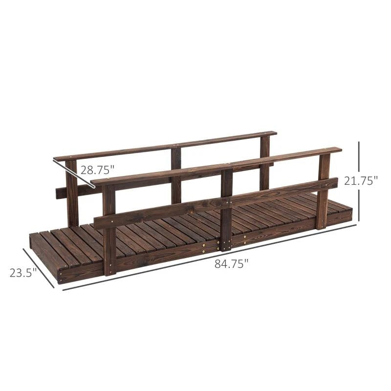 7 Ft Wooden Garden Ponds Straight Bridge with Hand Rails Stained