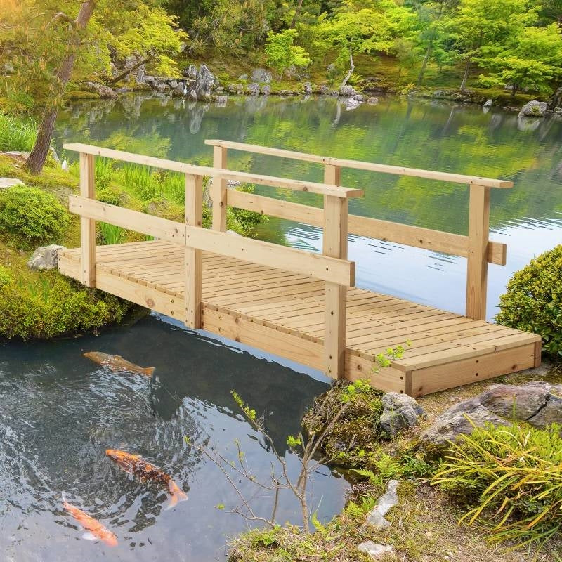 7 Ft Wooden Garden Ponds Straight Bridge with Hand Rails Natural