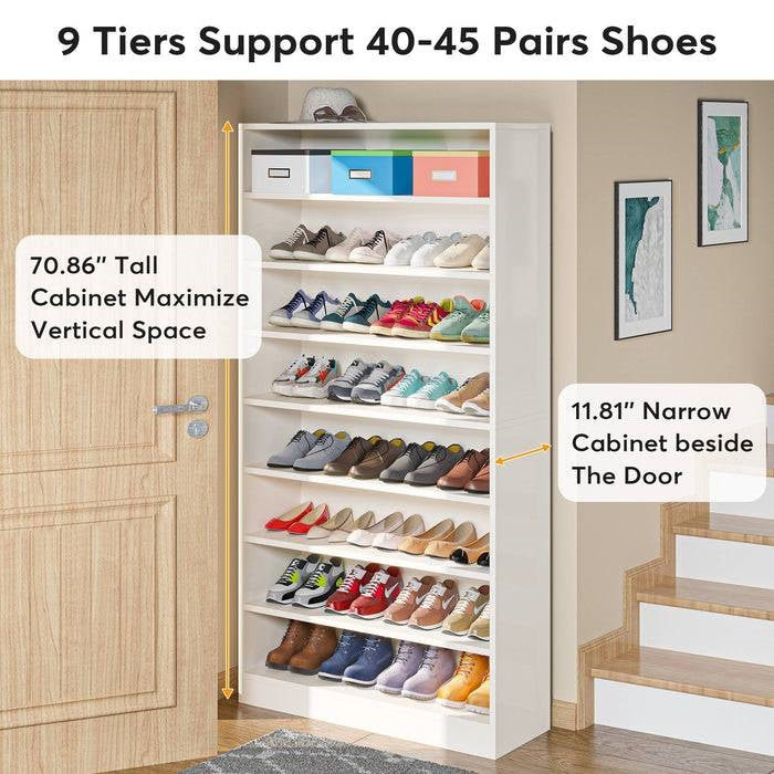 9 Tier White Wood Shoe Storage Cabinet, Holds Up To 45 Pairs