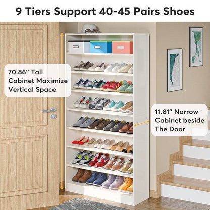 9 Tier White Wood Shoe Storage Cabinet, Holds Up To 45 Pairs