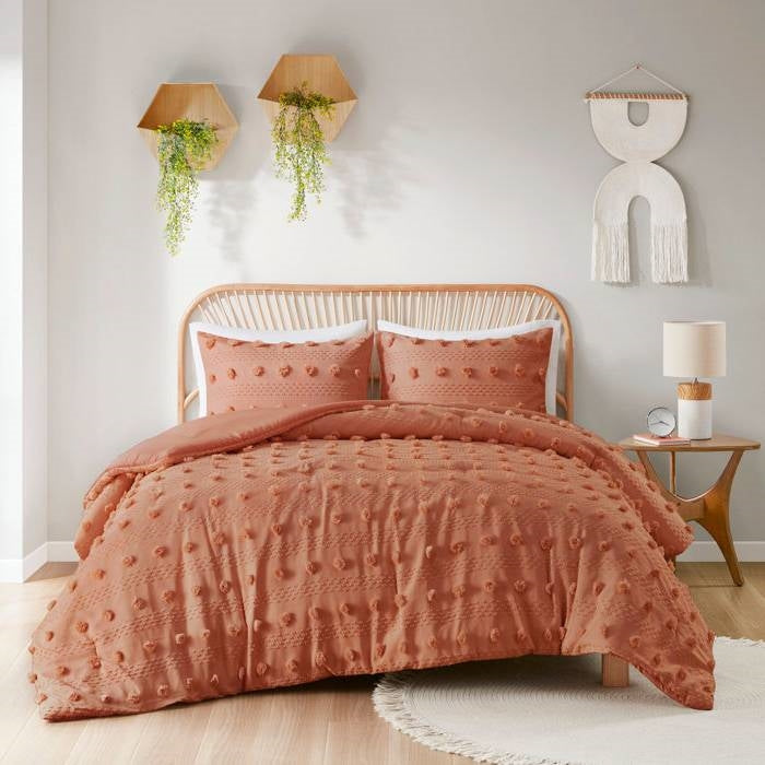 Full/Queen 3 Piece Jacquard Pompom Microfiber Hypoallergenic Comforter Set, Terracotta