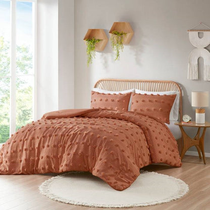 Full/Queen 3 Piece Jacquard Pompom Microfiber Hypoallergenic Comforter Set, Terracotta