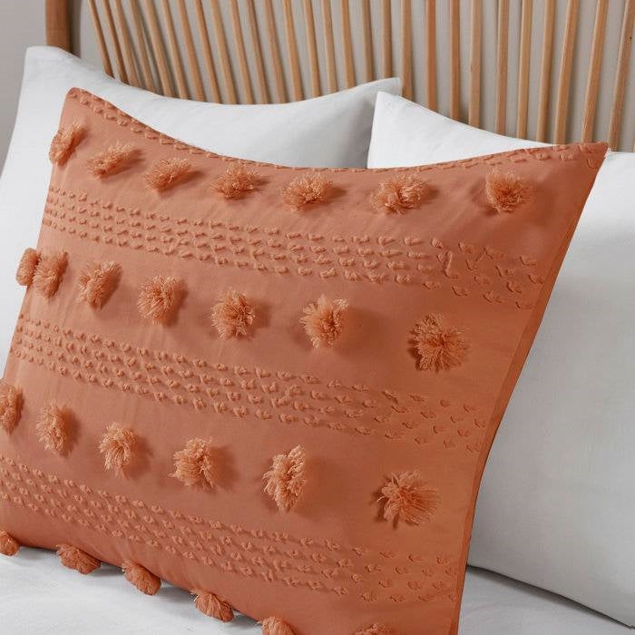 Full/Queen 3 Piece Jacquard Pompom Microfiber Hypoallergenic Comforter Set, Terracotta