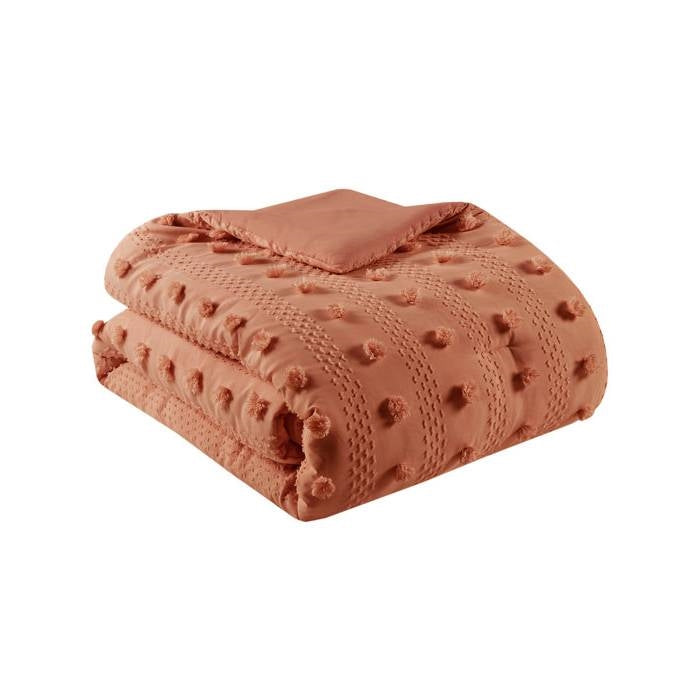 Full/Queen 3 Piece Jacquard Pompom Microfiber Hypoallergenic Comforter Set, Terracotta