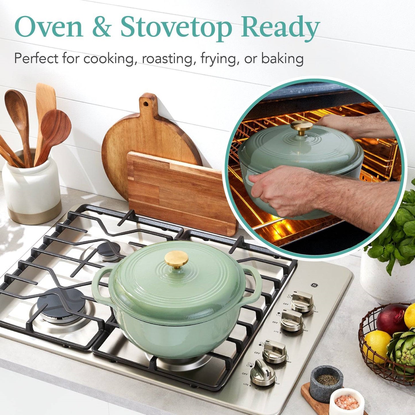 6 Quart Large Sage Enamel Cast-Iron Dutch Oven Kitchen Cookware