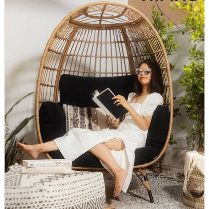 Oversized Patio Lounger Indoor/Outdoor Wicker Rattan Egg Chair Black