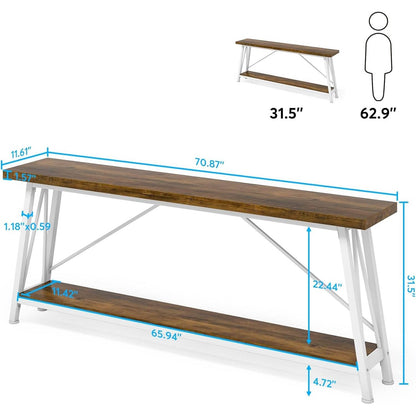 Heavy Duty 70-inch Industrial Brown Wood Top Sofa Table with White Metal Frame