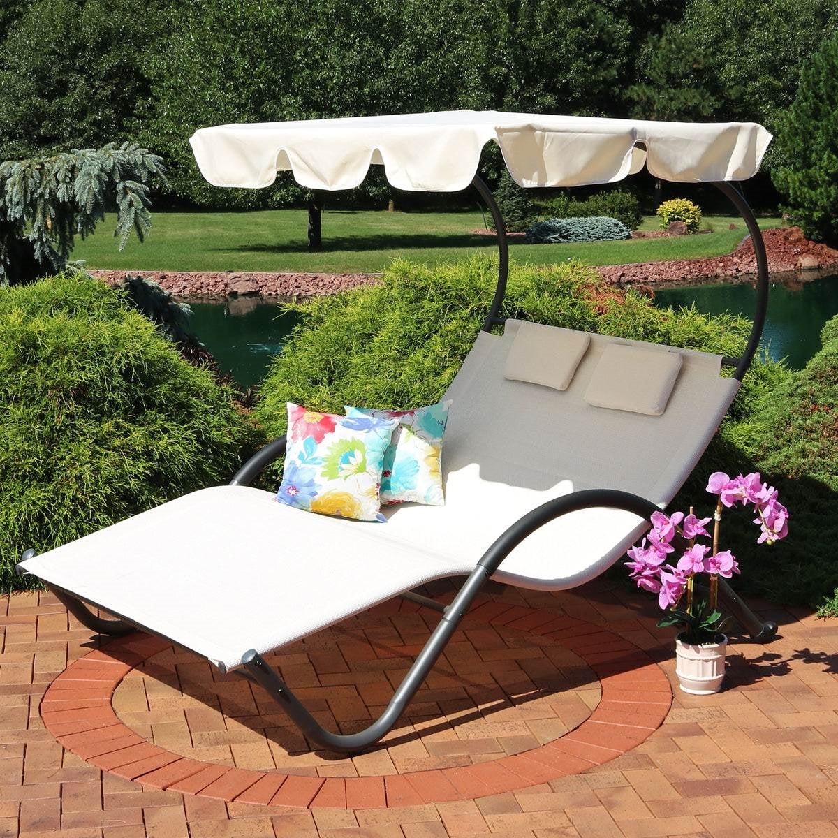 2 Person Off White Chaise Patio Lounger Canopy with Pillows