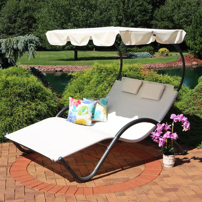 2 Person Off White Chaise Patio Lounger Canopy with Pillows