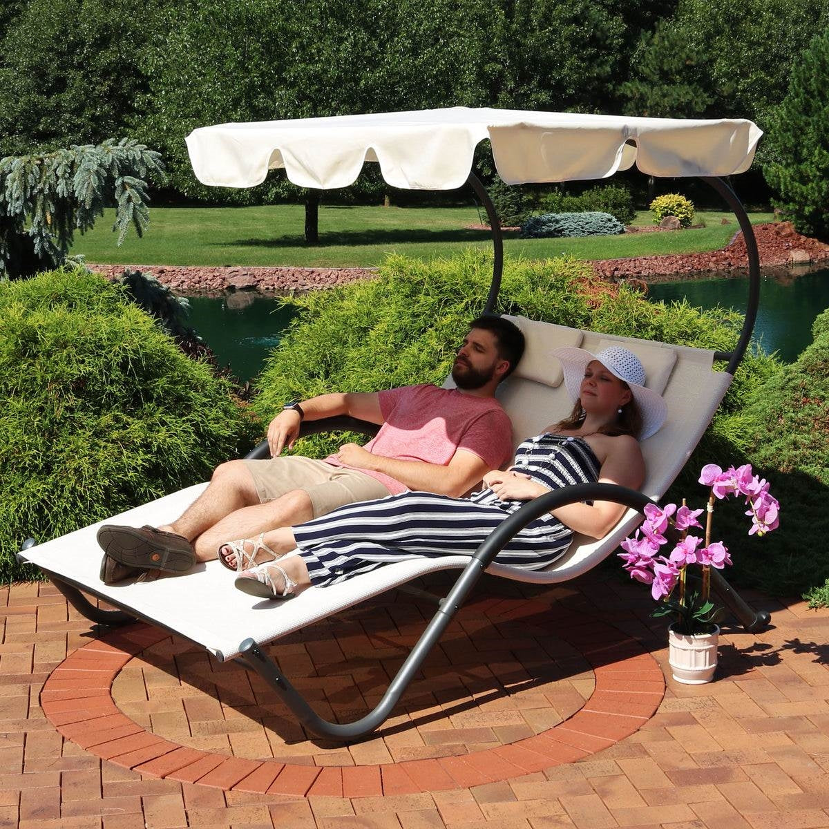 2 Person Off White Chaise Patio Lounger Canopy with Pillows