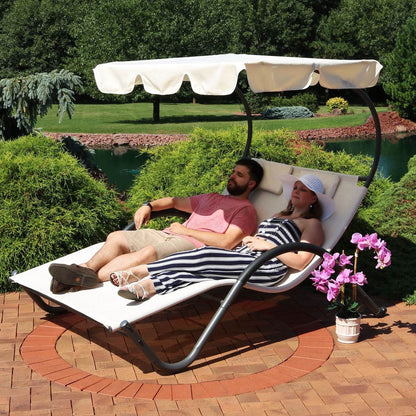 2 Person Off White Chaise Patio Lounger Canopy with Pillows