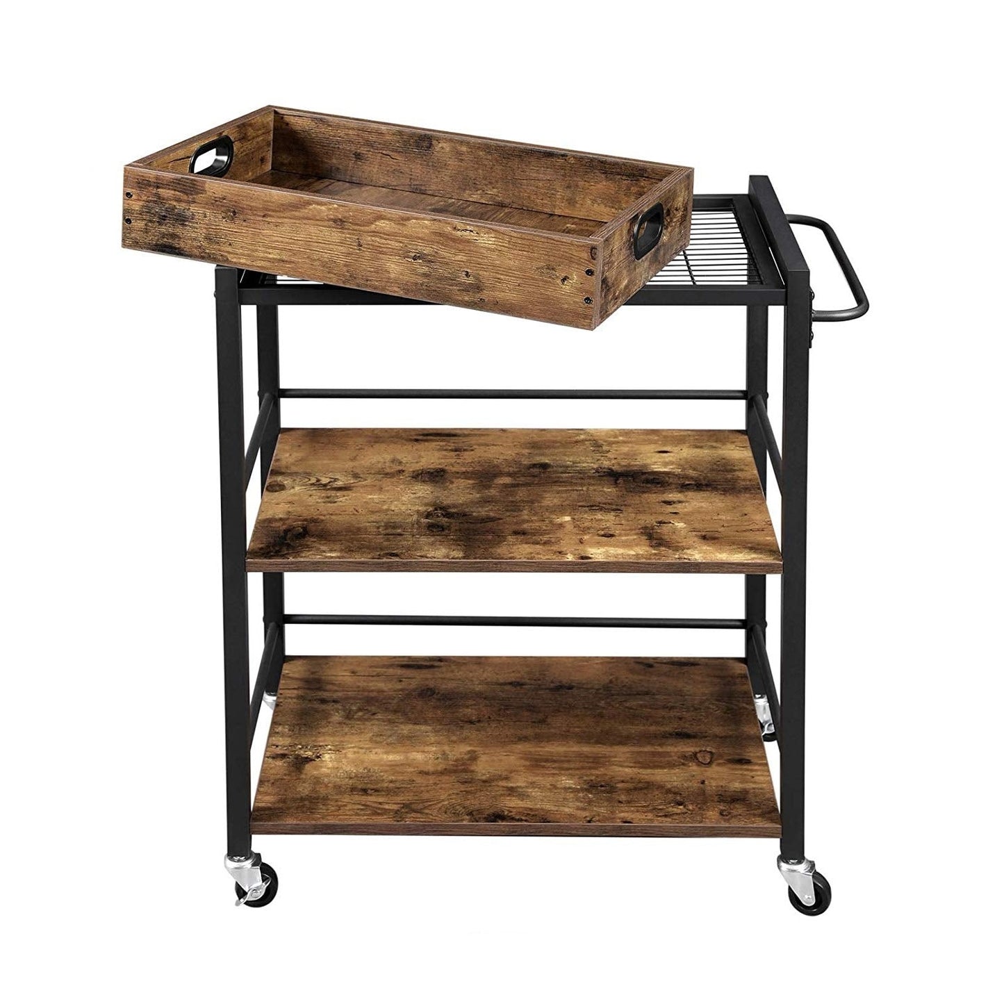 FarmHouse 3 Tier Utility Push Kitchen Serving Cart with Tray on Wheels