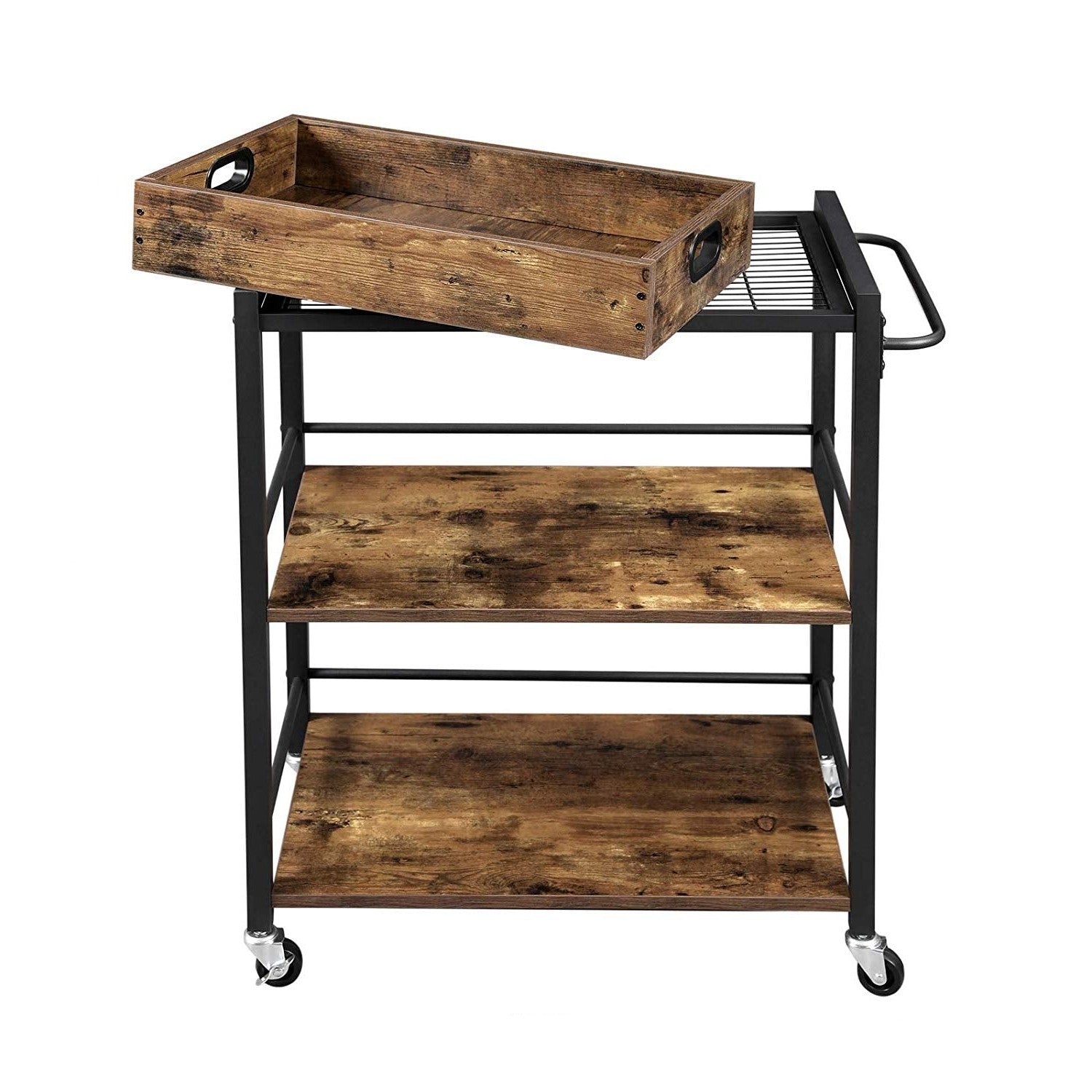 FarmHouse 3 Tier Utility Push Kitchen Serving Cart with Tray on Wheels