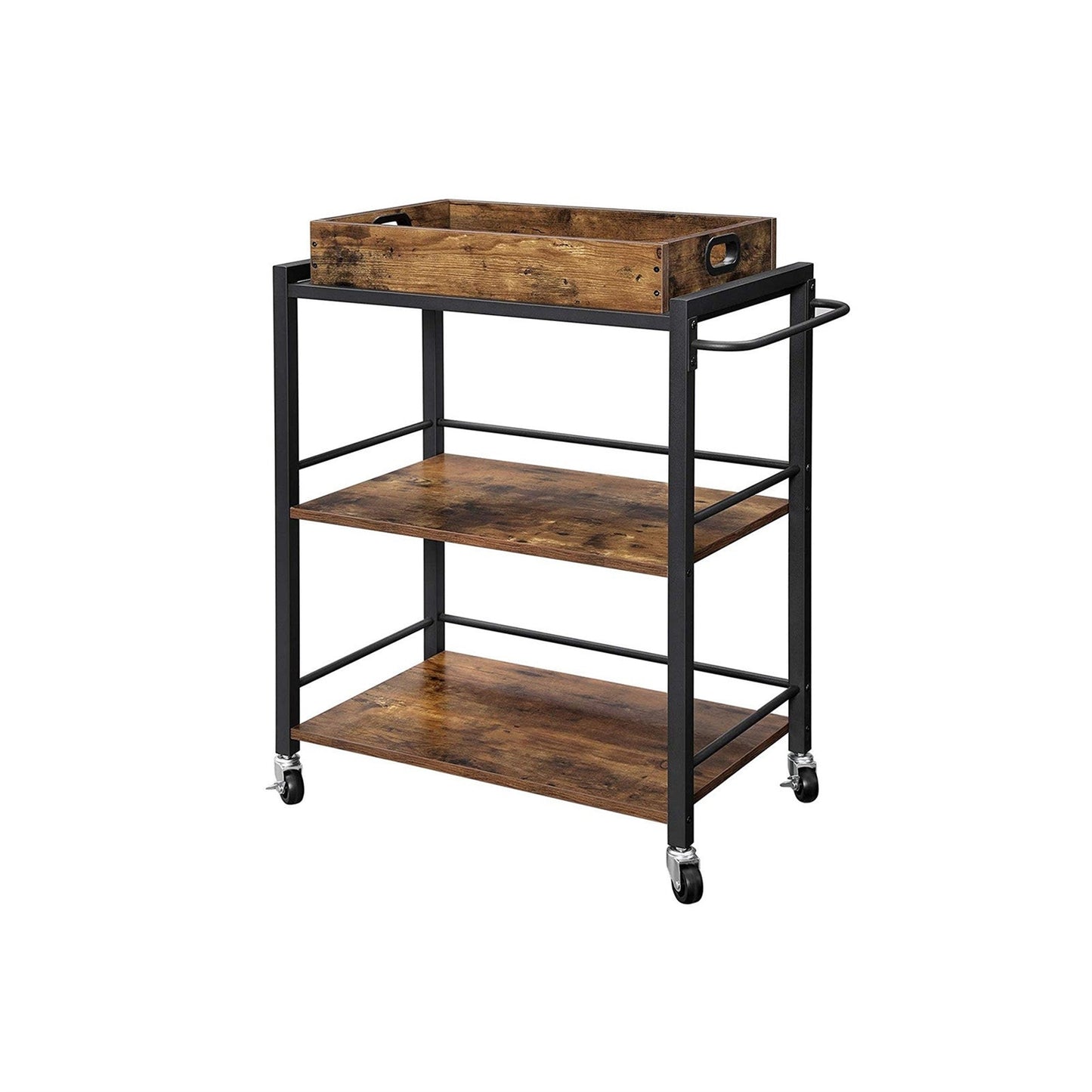 FarmHouse 3 Tier Utility Push Kitchen Serving Cart with Tray on Wheels