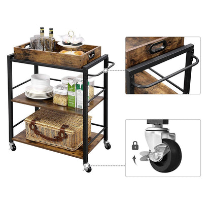 FarmHouse 3 Tier Utility Push Kitchen Serving Cart with Tray on Wheels