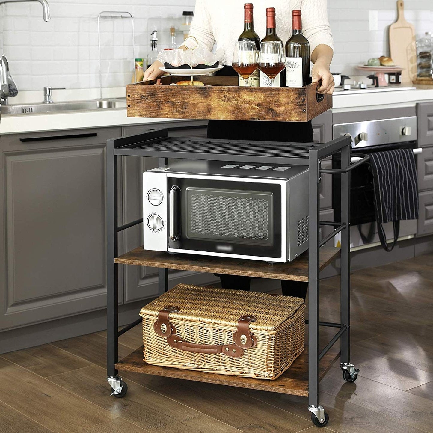 FarmHouse 3 Tier Utility Push Kitchen Serving Cart with Tray on Wheels