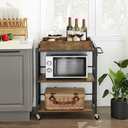 FarmHouse 3 Tier Utility Push Kitchen Serving Cart with Tray on Wheels