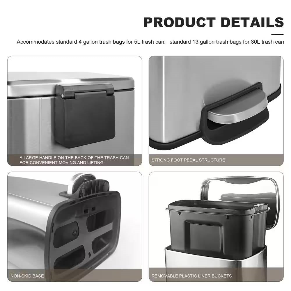 Set of 2 - 8 Gallon and 1.3 Gallon Stainless Steel Trash Can with Step-on Lid