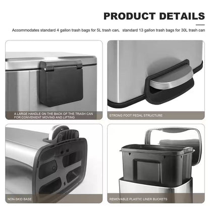 Set of 2 - 8 Gallon and 1.3 Gallon Stainless Steel Trash Can with Step-on Lid