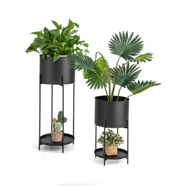 Set of 2 Black Metal Garden Planter Pot with Storage Shelf
