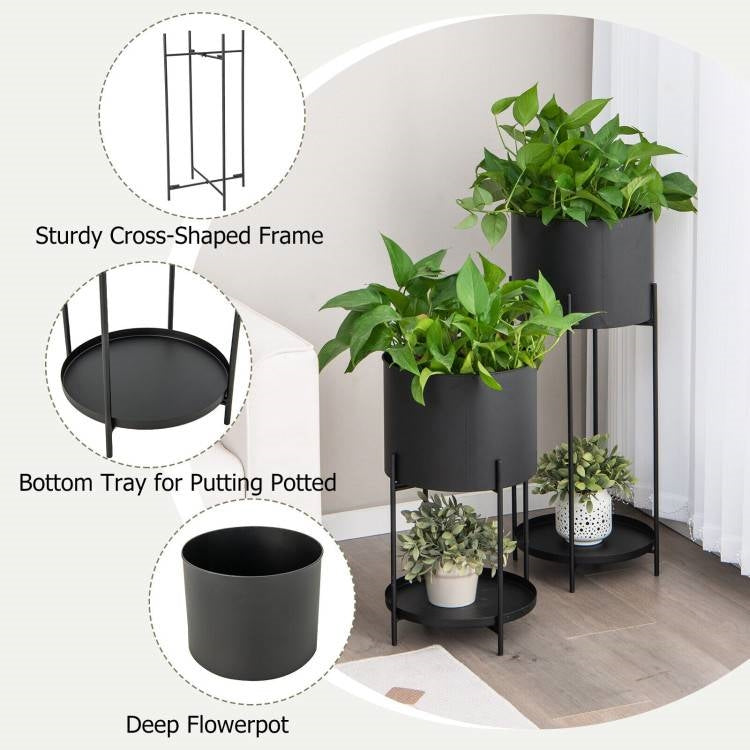 Set of 2 Black Metal Garden Planter Pot with Storage Shelf