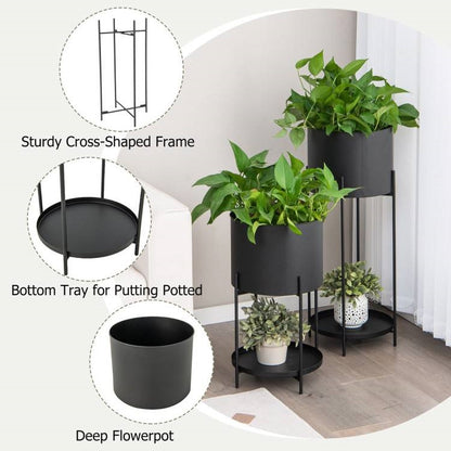 Set of 2 Black Metal Garden Planter Pot with Storage Shelf
