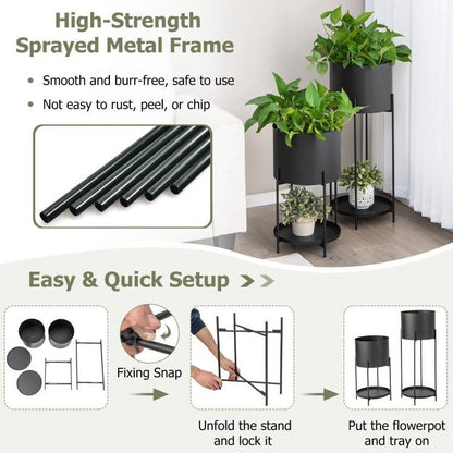 Set of 2 Black Metal Garden Planter Pot with Storage Shelf