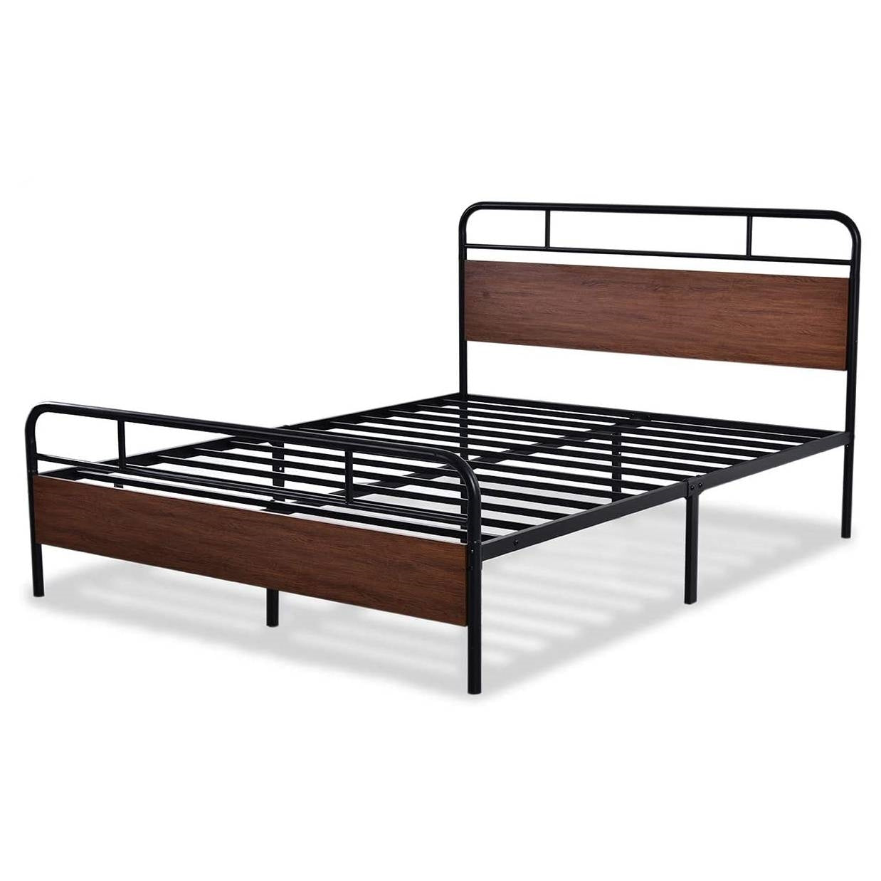 Queen Industrial Metal Wood Platform Bed Frame with Headboard and Footboard