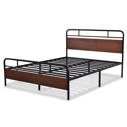 Queen Industrial Metal Wood Platform Bed Frame with Headboard and Footboard