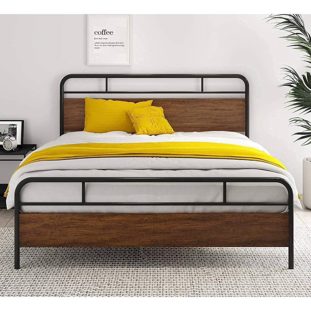 Queen Industrial Metal Wood Platform Bed Frame with Headboard and Footboard