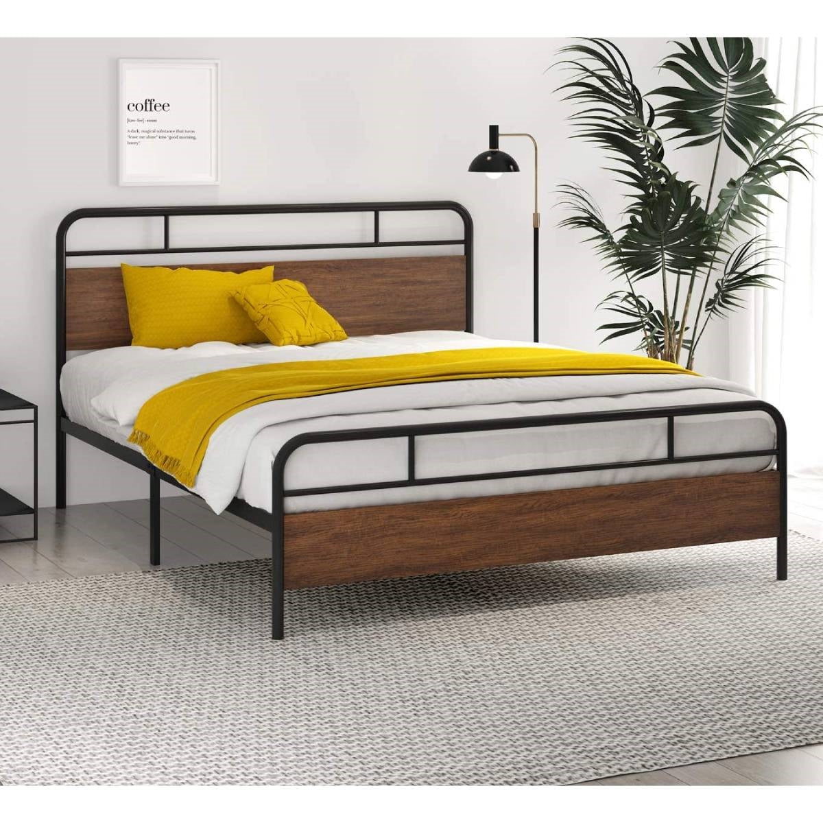 Queen Industrial Metal Wood Platform Bed Frame with Headboard and Footboard