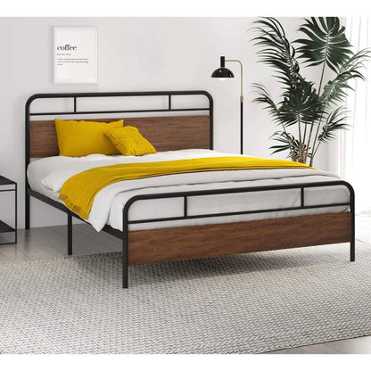 Queen Industrial Metal Wood Platform Bed Frame with Headboard and Footboard