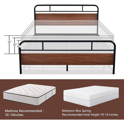 Queen Industrial Metal Wood Platform Bed Frame with Headboard and Footboard