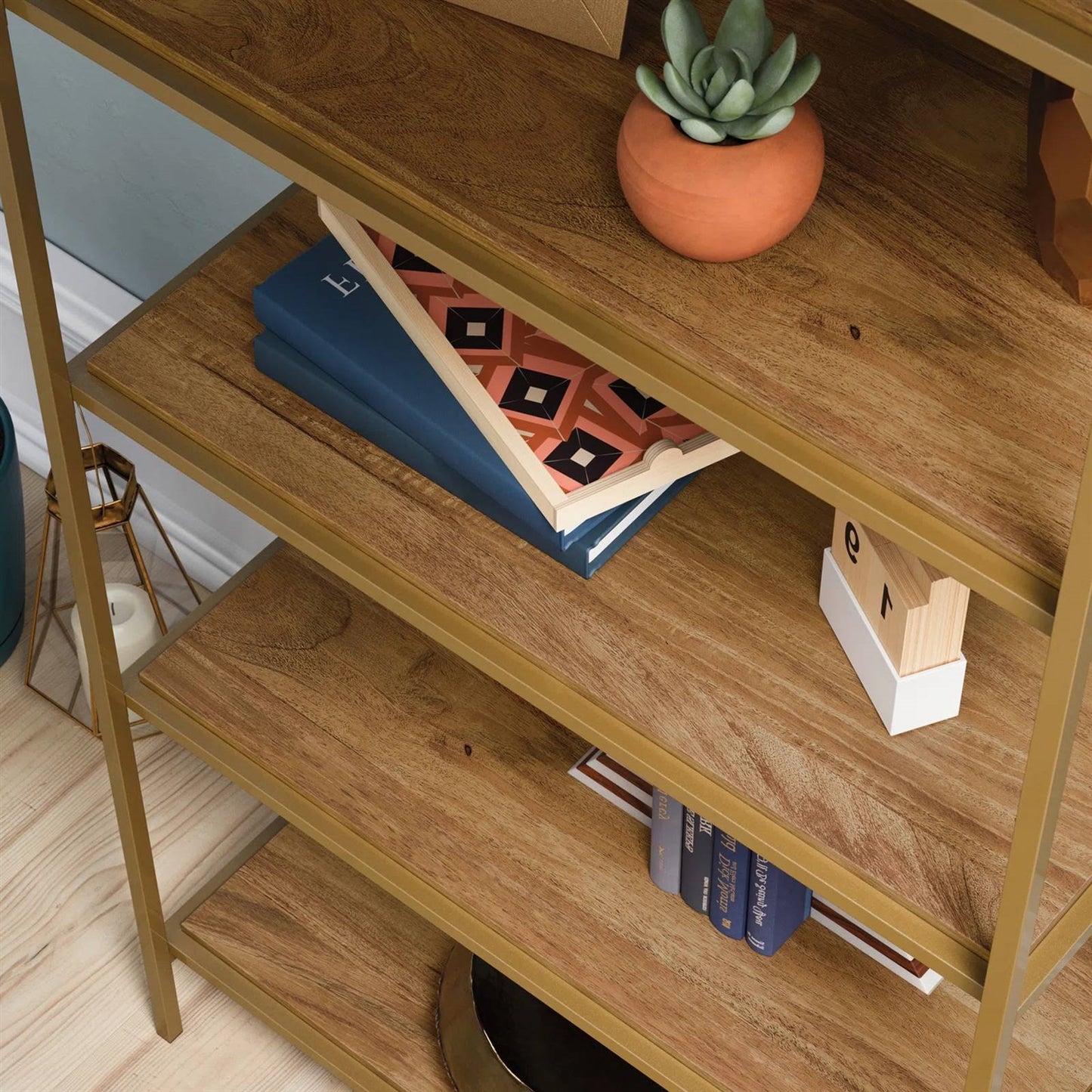 Elegant Gold Metal Display Rack Etagere Bookcase with 5 Wooden Storage Shelves