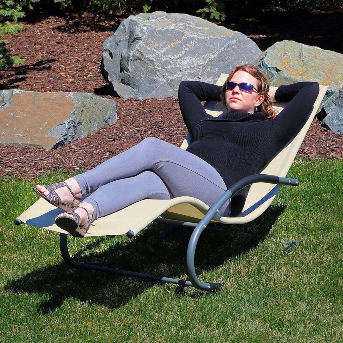 Modern Beige Rocking Chair Chaise Patio Lounger with Pillow