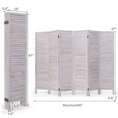 6-Panel Classic Louver Slatted Room Divider Screen in White Wood Finish