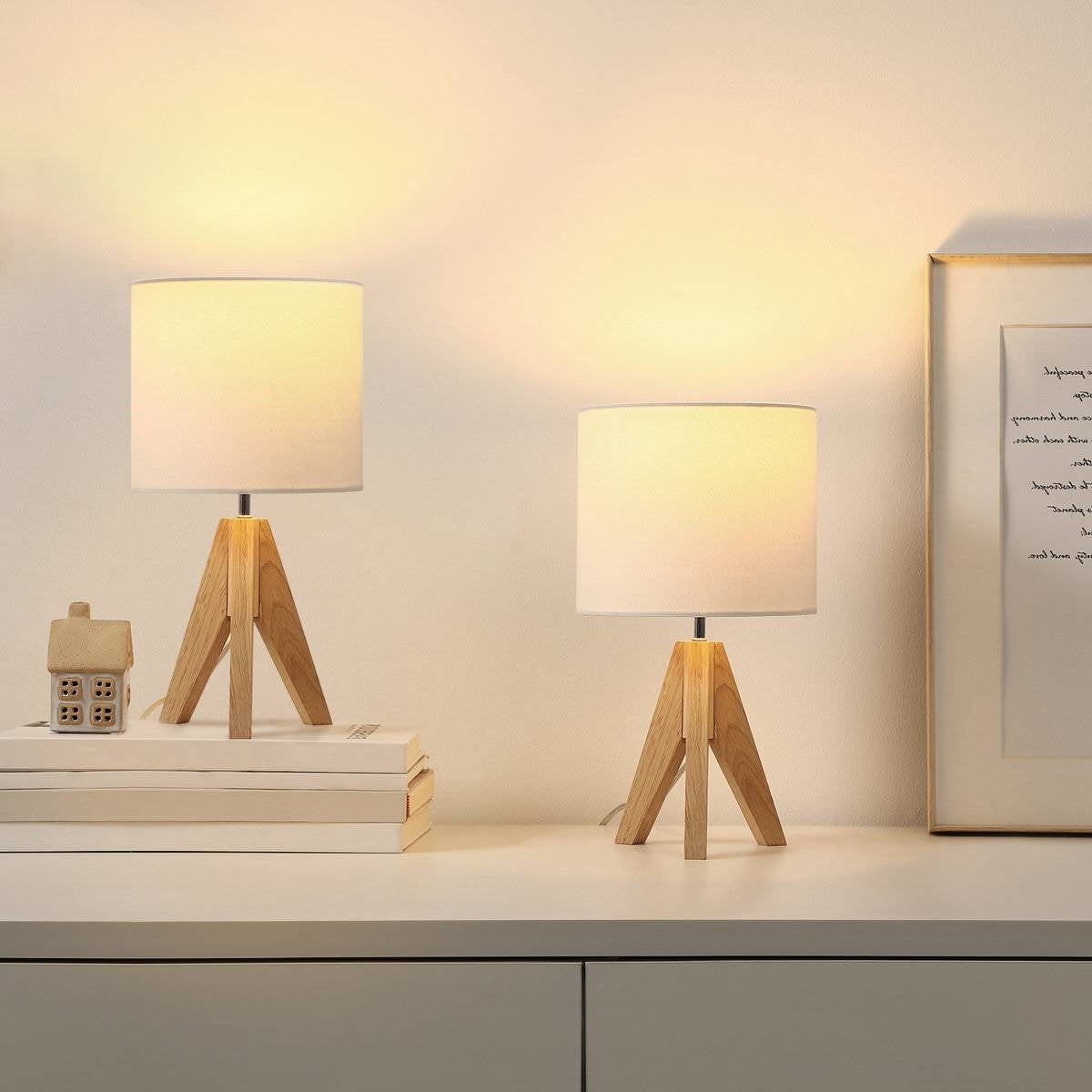 Scandinavian Solid Wood Tripod Table Lamp Set of 2 - Natural/White