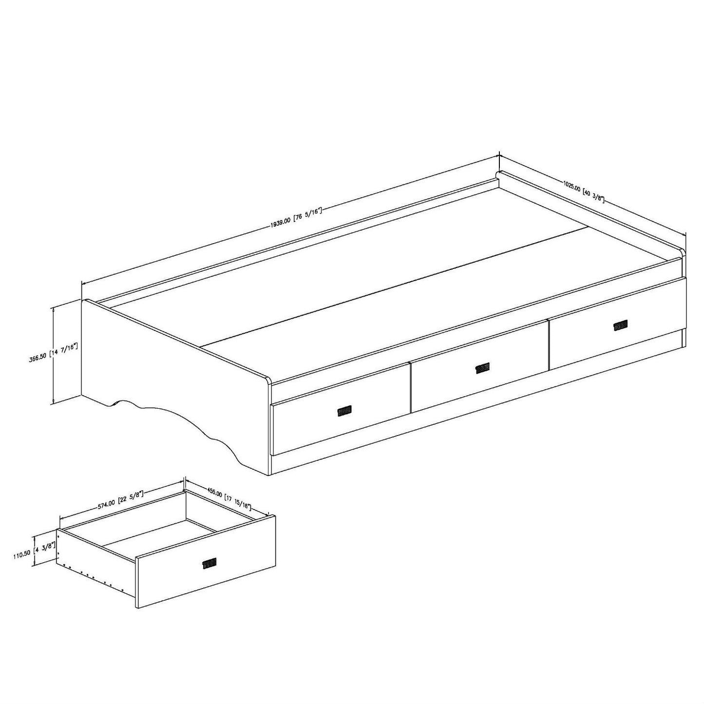 Twin size White Platform Bed Frame with 3 Storage Drawers