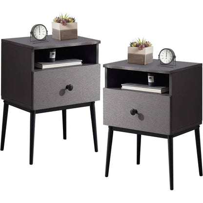 Set of 2 - Mid Century Modern Side Table Nightstand in Grey Black Wood Finish