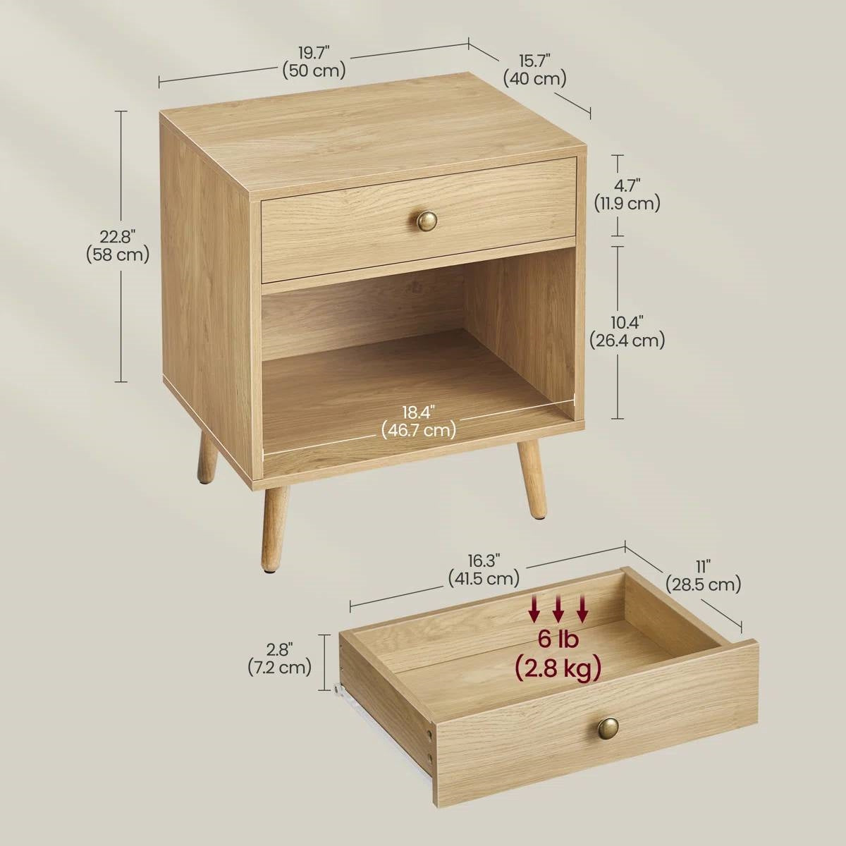 Mid-Century Modern 1-Drawer Nightstand in Natural Straw Yellow Wood Finish