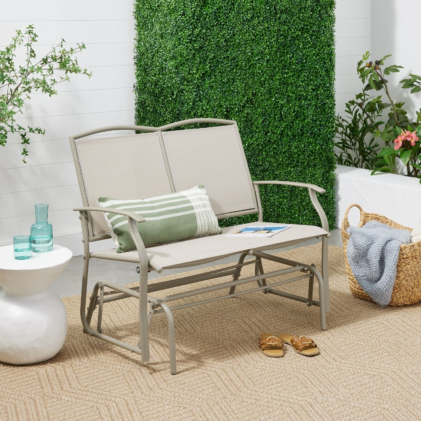 2 Seater Mesh Patio Loveseat Swing Glider Rocker with Armrests in Taupe
