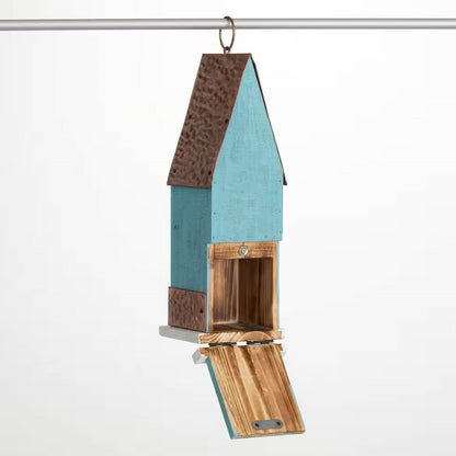 Outdoor Turquoise Blue Wood Bird House with Copper Roof