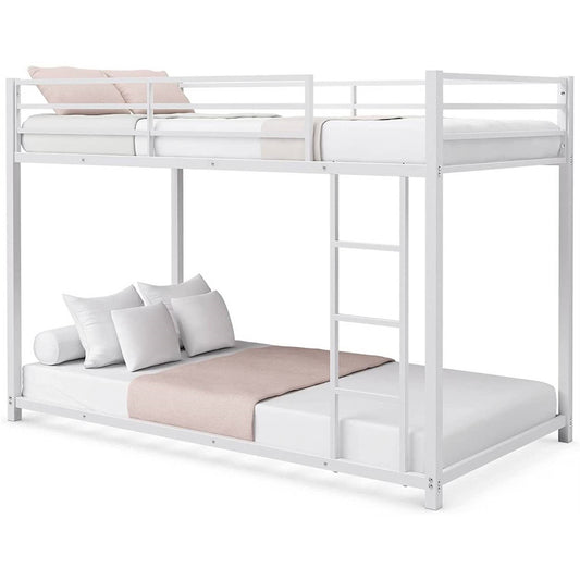 Twin over Twin Low Profile Modern Bunk Bed Frame in White Metal Finish