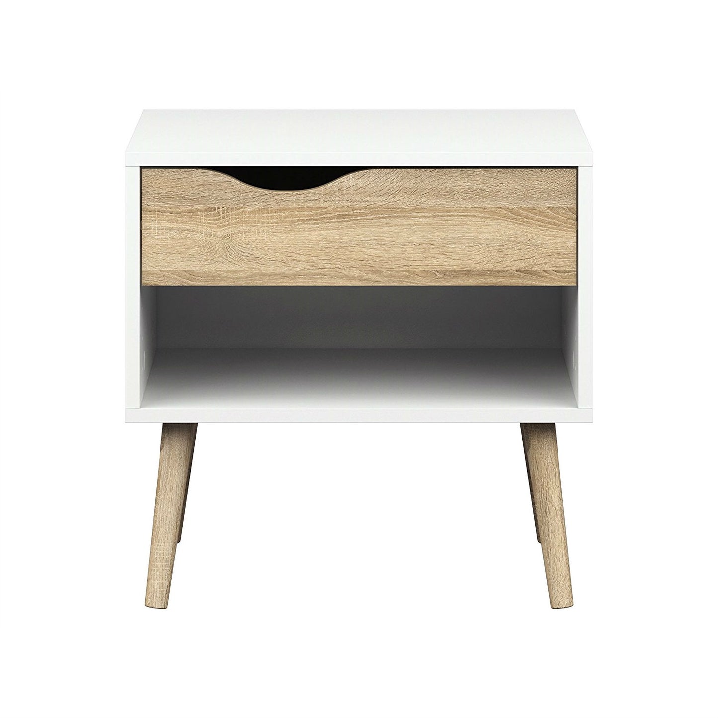 Modern Mid Century Style End Table Nightstand in White &amp; Oak Finish