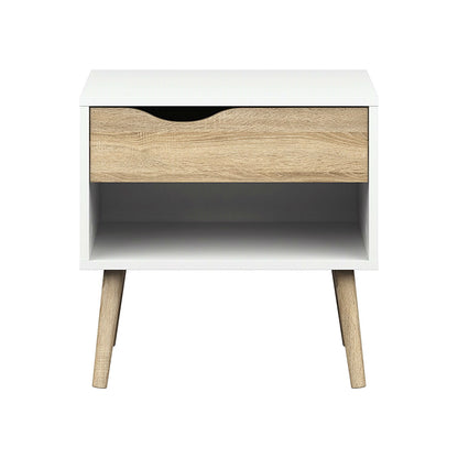 Modern Mid Century Style End Table Nightstand in White &amp; Oak Finish