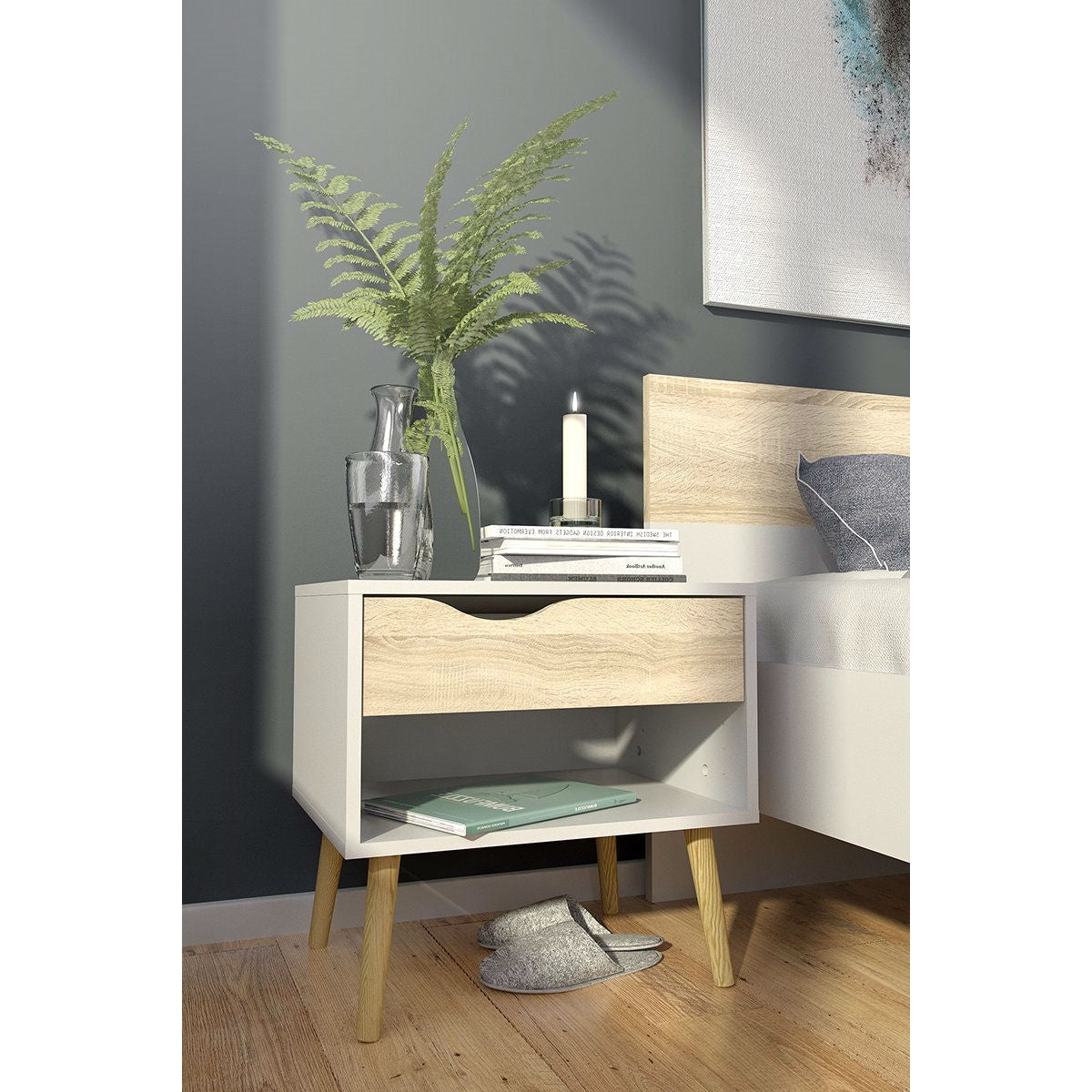 Modern Mid Century Style End Table Nightstand in White &amp; Oak Finish