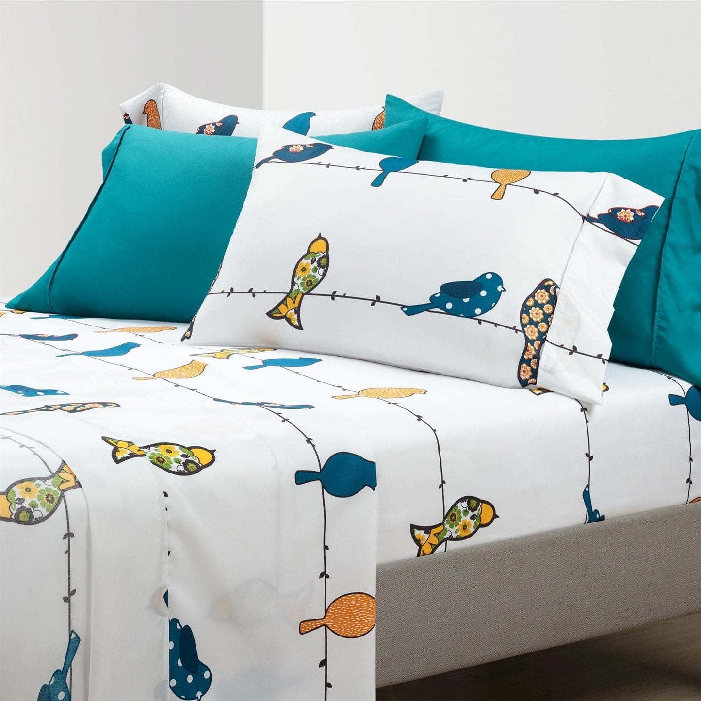 Full size Teal Yellow White Floral Birds on Wire Soft Polyester 6 Piece Sheet Set